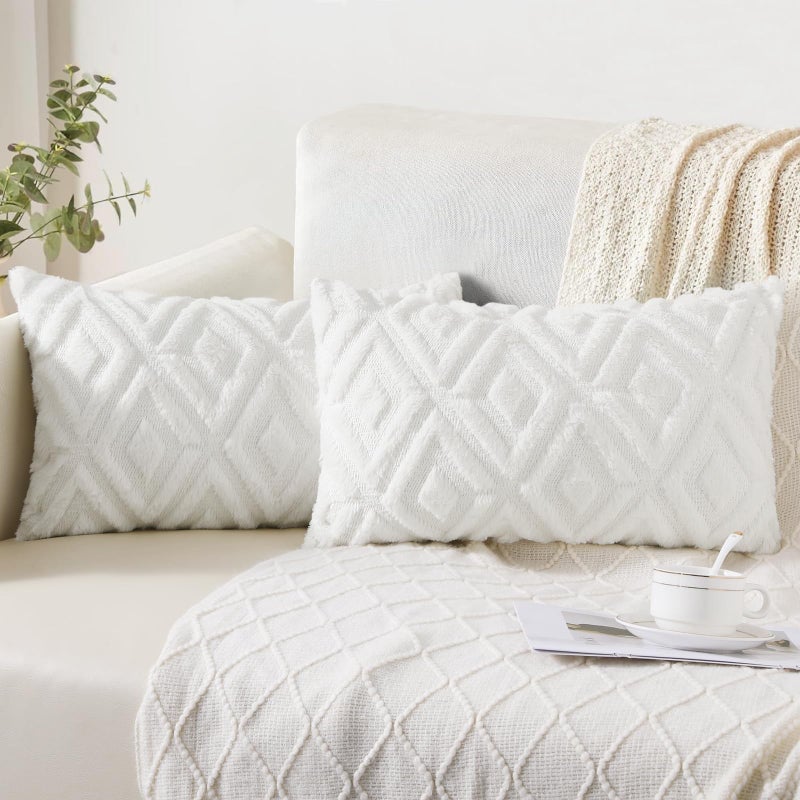 Pallene Spring Soft Faux Fur Throw Pillow Covers 12x20 Set of 2  Plush Wool Decorative Lumbar Couch Pillow Covers for Sofa Bed Living Room  with 3D Diamond Pattern  Cream White