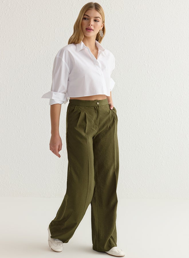 trendyol Khaki Soft Touch Wide Leg/Wide Leg Woven Trousers - Image 3