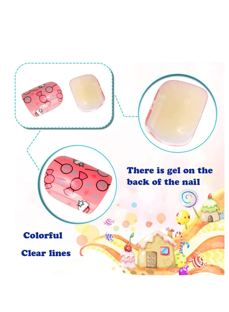 SOLARAE Kids Fake Nails Press on, for Girls Pre-glue Full Cover Short False Nails Children Lovely Gift for Kids Teens Nail Art Decoration(Refreshing and ) - Image 3