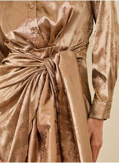 Styli Satin Jacquard Print Tie Up Detail Shirt Midi Dress  - Image 3