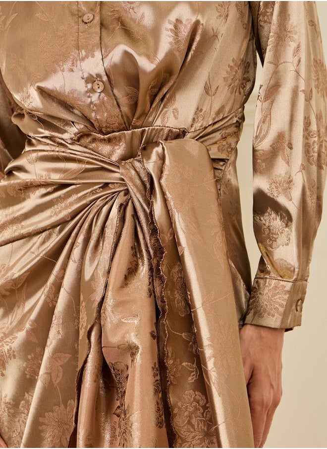 Styli - Satin Jacquard Print Tie Up Detail Shirt Midi Dress - Image 1
