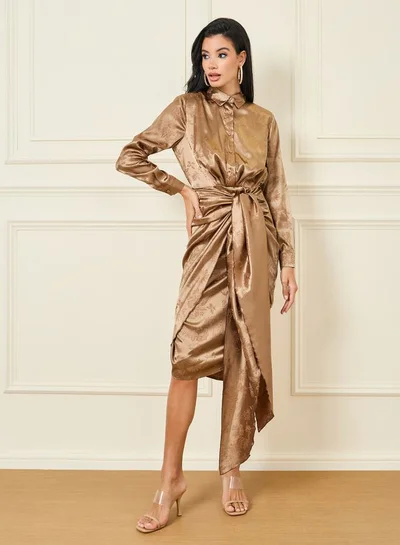 Styli Styli Satin Jacquard Tie Up Detail Knee Length Dress