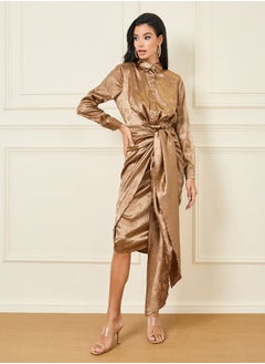 Satin Jacquard Print Tie Up Detail Shirt Midi Dress
