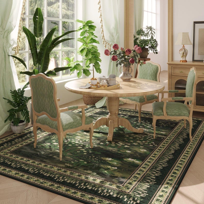 Rugcomf 5x7 Area Rugs Impressionist-Style Vintage Washable Area Rug Non Slip Low Pile Large Rugs for Living Room Bedroom Farmhouse Dining Room Kids Playroom, Green - Image 3