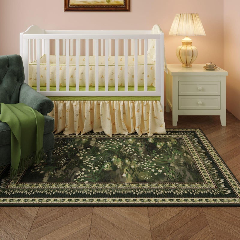 Rugcomf 5x7 Area Rugs Impressionist-Style Vintage Washable Area Rug Non Slip Low Pile Large Rugs for Living Room Bedroom Farmhouse Dining Room Kids Playroom, Green - Image 4