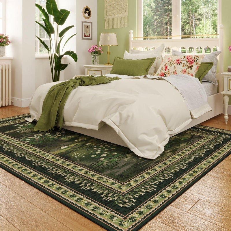 Rugcomf 5x7 Area Rugs Impressionist-Style Vintage Washable Area Rug Non Slip Low Pile Large Rugs for Living Room Bedroom Farmhouse Dining Room Kids Playroom, Green - Image 2