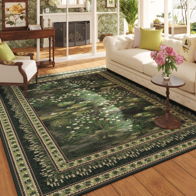 Rugcomf 5x7 Area Rugs Impressionist-Style Vintage Washable Area Rug Non Slip Low Pile Large Rugs for Living Room Bedroom Farmhouse Dining Room Kids Playroom, Green - Image 1