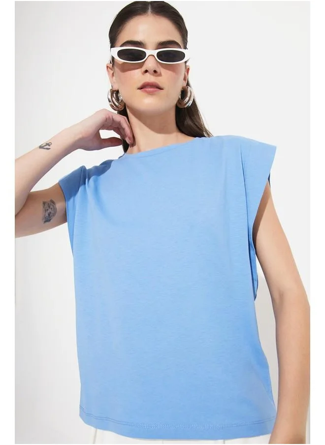 جون June Basic Cotton Crew Neck Sleeveless Tshirt Light Indigo