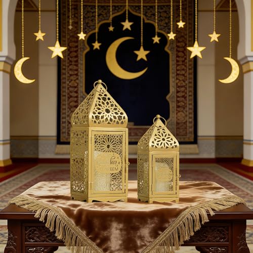 iLifemate Ramadan Lanterns Gold Metal Islamic Fanous Hanging Candle Holder Decor for Ramadan & Eid, Eid Decorations for Home Table Window Porch, Large 14.6" & 11.4" Set of 2 - Image 3