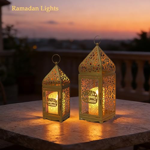 iLifemate Ramadan Lanterns Gold Metal Islamic Fanous Hanging Candle Holder Decor for Ramadan & Eid, Eid Decorations for Home Table Window Porch, Large 14.6" & 11.4" Set of 2 - Image 4