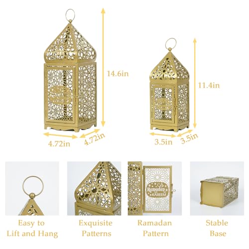 iLifemate Ramadan Lanterns Gold Metal Islamic Fanous Hanging Candle Holder Decor for Ramadan & Eid, Eid Decorations for Home Table Window Porch, Large 14.6" & 11.4" Set of 2 - Image 5