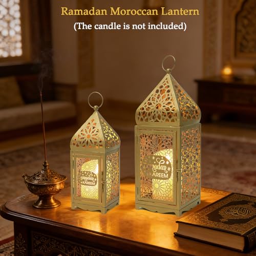 iLifemate Ramadan Lanterns Gold Metal Islamic Fanous Hanging Candle Holder Decor for Ramadan & Eid, Eid Decorations for Home Table Window Porch, Large 14.6" & 11.4" Set of 2 - Image 2