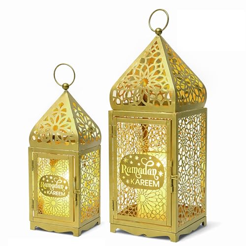 iLifemate Ramadan Lanterns Gold Metal Islamic Fanous Hanging Candle Holder Decor for Ramadan & Eid, Eid Decorations for Home Table Window Porch, Large 14.6" & 11.4" Set of 2 - Image 1