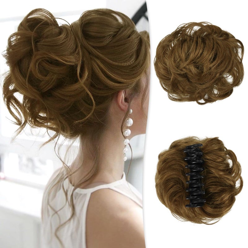 RUWISS Claw Clip Messy Bun Hair Piece Real Human Hair Buns Wavy Curly Chignon Hair Bun Extensions Tousled Updo Claw Clip Ponytail Hairpieces (Light Brown) - Image 1