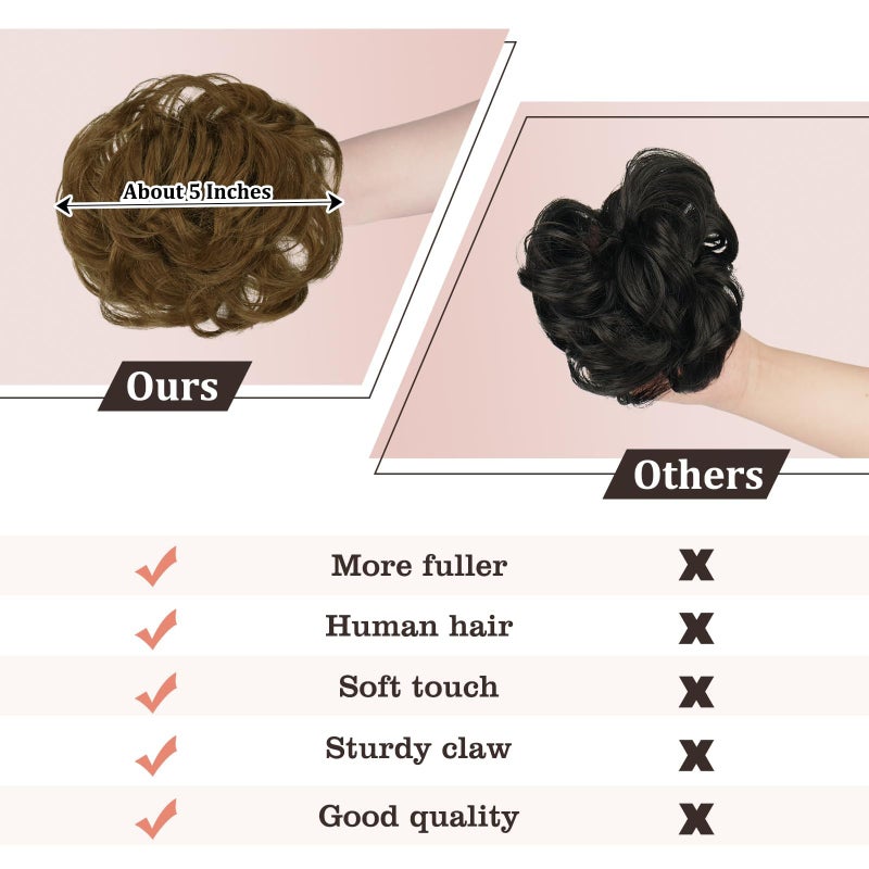 RUWISS Claw Clip Messy Bun Hair Piece Real Human Hair Buns Wavy Curly Chignon Hair Bun Extensions Tousled Updo Claw Clip Ponytail Hairpieces (Light Brown) - Image 3