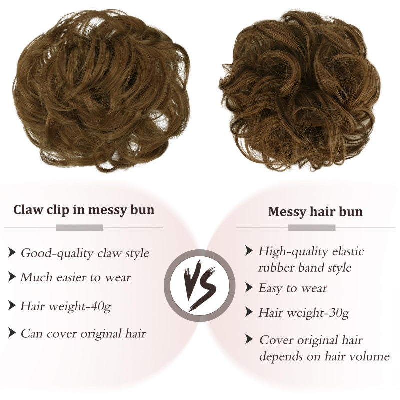 RUWISS Claw Clip Messy Bun Hair Piece Real Human Hair Buns Wavy Curly Chignon Hair Bun Extensions Tousled Updo Claw Clip Ponytail Hairpieces (Light Brown) - Image 4