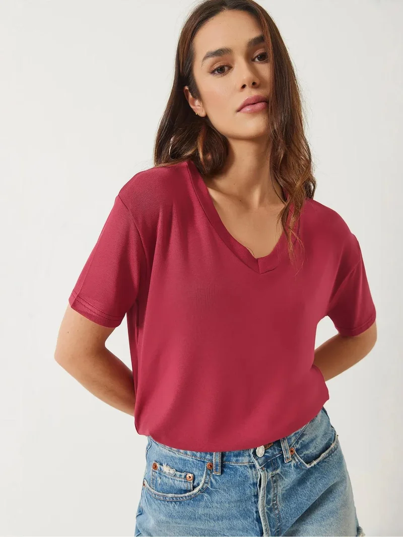 Bianco Lucci LUCCI V-Neck Short Sleeve Viscose Blend T-Shirt