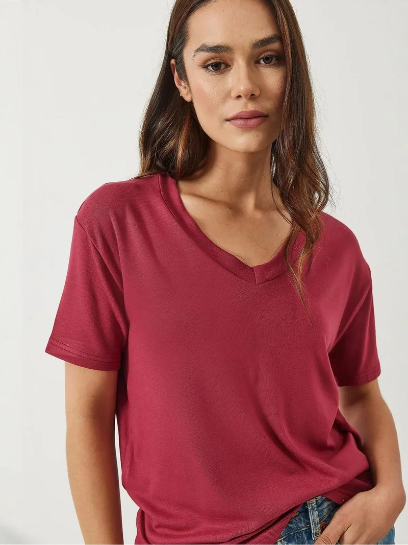 Bianco Lucci LUCCI V-Neck Short Sleeve Viscose Blend T-Shirt