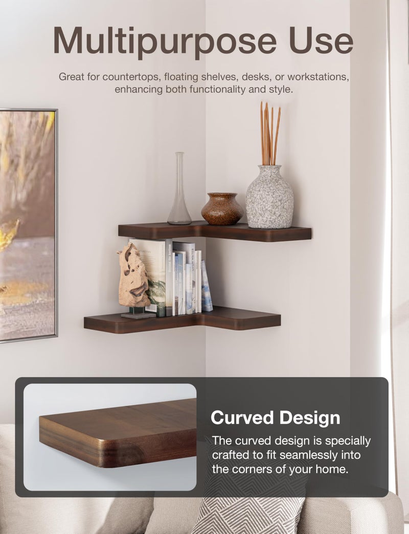 BATODA Acacia Wood Corner Floating Shelf 17â€ x 12â€- Corner Shelf Wall Mounted - Floating Book Shelves for Wall - Corner Shelf for Home, Kitchen - with Brackets and Hardware (Walnut Color, 17" x 12") - Image 5