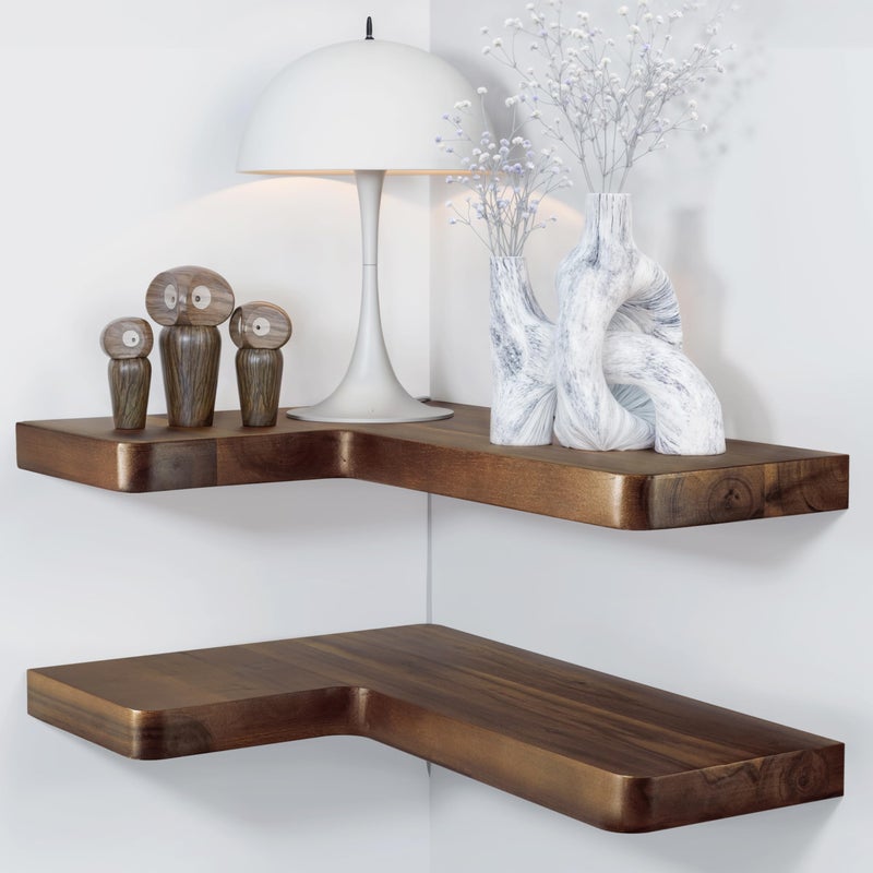 BATODA Acacia Wood Corner Floating Shelf 17â€ x 12â€- Corner Shelf Wall Mounted - Floating Book Shelves for Wall - Corner Shelf for Home, Kitchen - with Brackets and Hardware (Walnut Color, 17" x 12") - Image 1