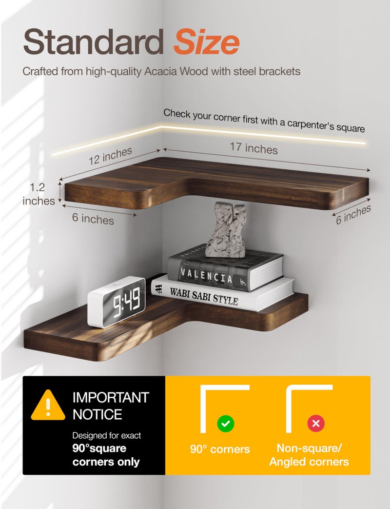 BATODA Acacia Wood Corner Floating Shelf 17â€ x 12â€- Corner Shelf Wall Mounted - Floating Book Shelves for Wall - Corner Shelf for Home, Kitchen - with Brackets and Hardware (Walnut Color, 17" x 12") - Image 2