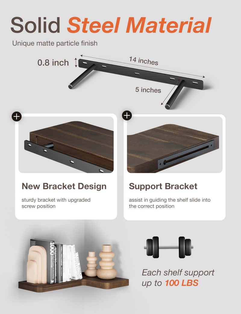 BATODA Acacia Wood Corner Floating Shelf 17â€ x 12â€- Corner Shelf Wall Mounted - Floating Book Shelves for Wall - Corner Shelf for Home, Kitchen - with Brackets and Hardware (Walnut Color, 17" x 12") - Image 3