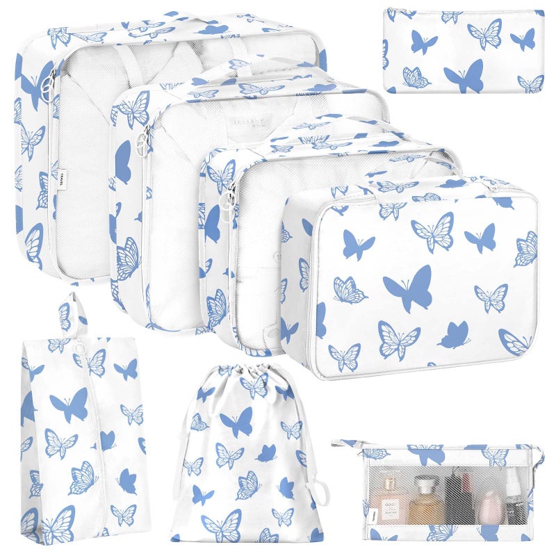 KPX 8 Set Packing Cubes for Travel, Luggage Packing Organizers Accessories Large Toiletries Bag for Clothes Shoes Cosmetics (8Set-Butterfly) - Image 1