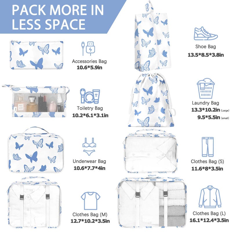 KPX 8 Set Packing Cubes for Travel, Luggage Packing Organizers Accessories Large Toiletries Bag for Clothes Shoes Cosmetics (8Set-Butterfly) - Image 2