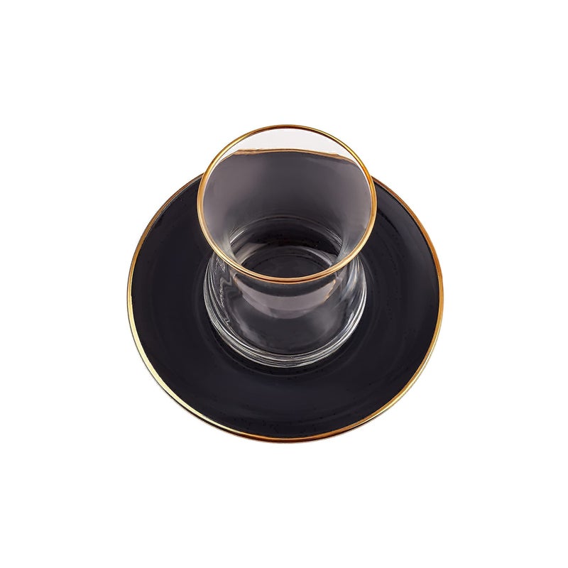 KARACA Retro Anthracite Tea Set for 6 6 Turkish Tea Glasses 12 Pcs Gold Decal Details