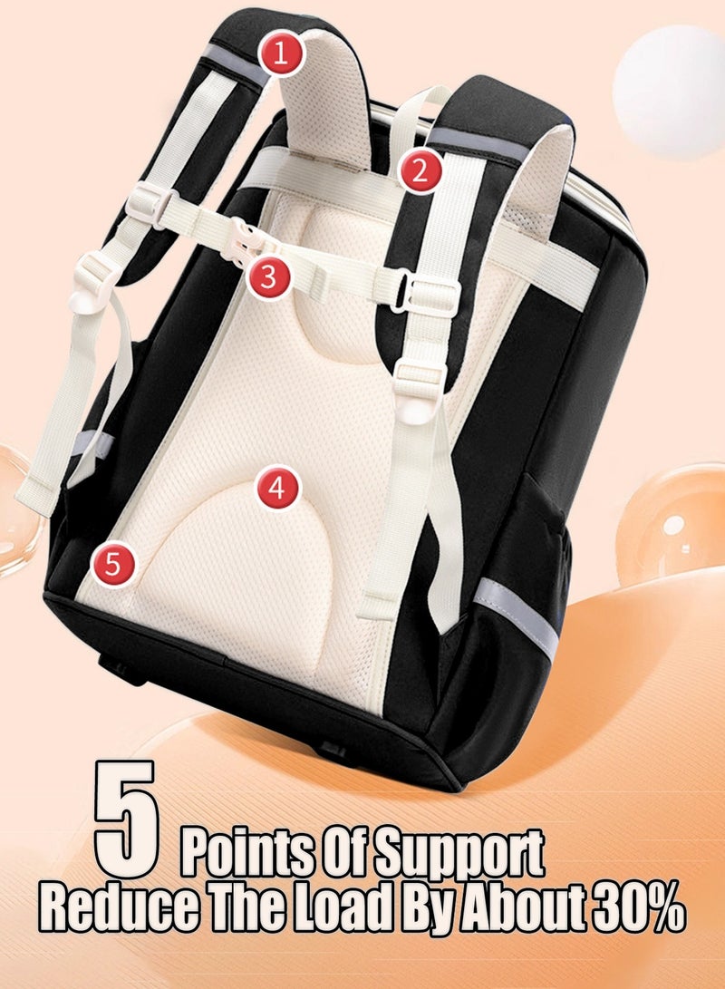 School Backpack for Boys & Girls – Lightweight Waterproof Book Bag with Multi-Compartment Large Capacity, Ergonomic Back Support, Reflective Safety Strips – Ideal for Elementary & Middle School, Travel, Outdoor Activities(Black)  - Image 5