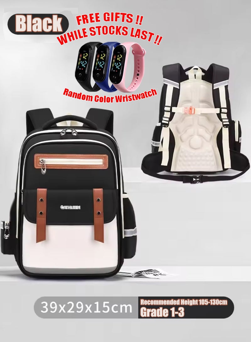 School Backpack for Boys & Girls – Lightweight Waterproof Book Bag with Multi-Compartment Large Capacity, Ergonomic Back Support, Reflective Safety Strips – Ideal for Elementary & Middle School, Travel, Outdoor Activities(Black)  - Image 1