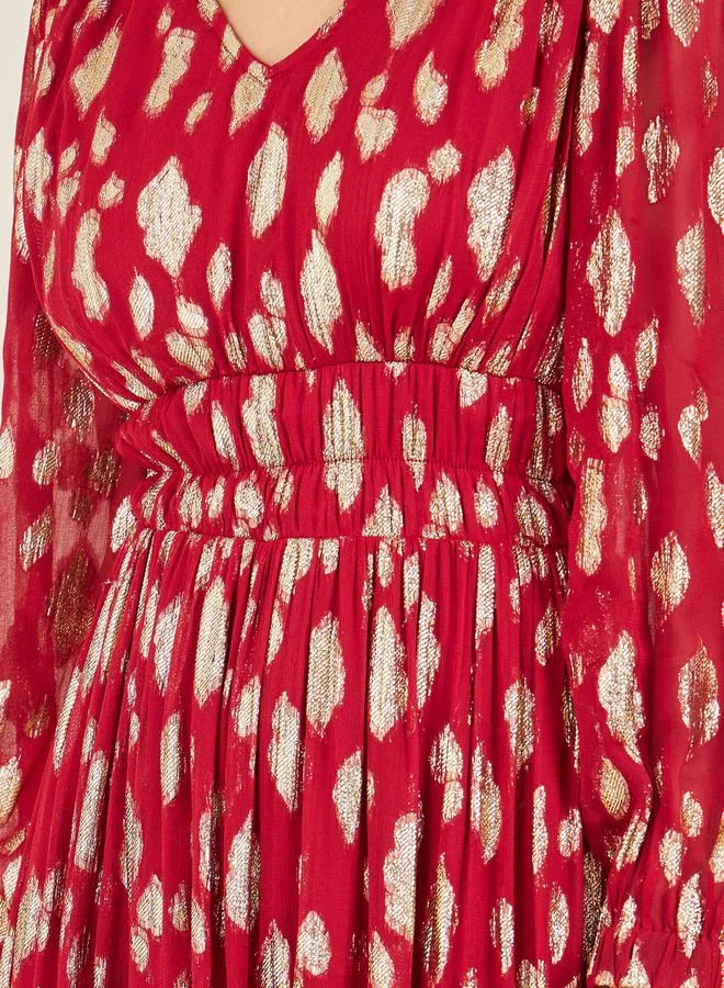 Styli Foil Print Gathered Detail A-Line Maxi Dress