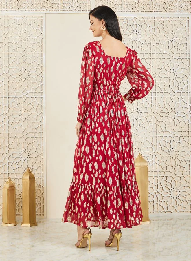 Styli Foil Print Gathered Detail A-Line Maxi Dress