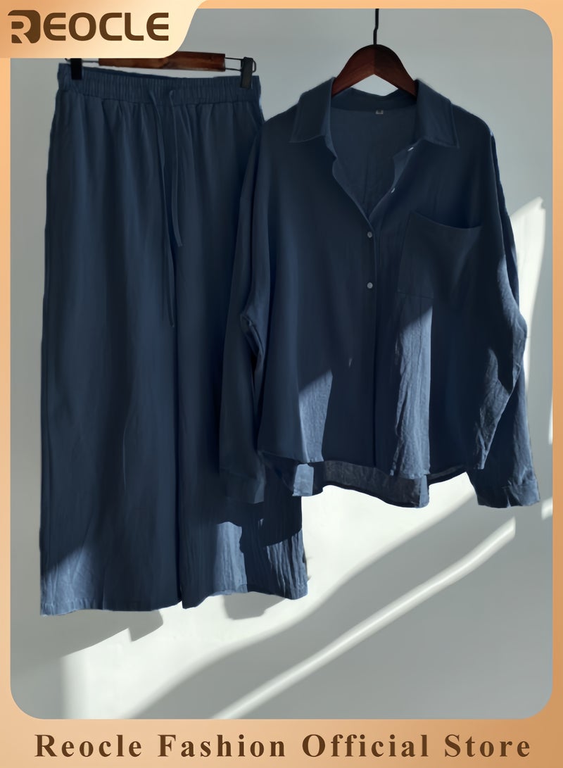 ريوكل طقم نسائي من قطعتين مصنوع من القطن والكتان ملابس رجعية مريحة وقابلة للتنفس قميص بأزرار وأكمام طويلة مع سروال واسع الأرجل بخصر مرتفع - Image 1