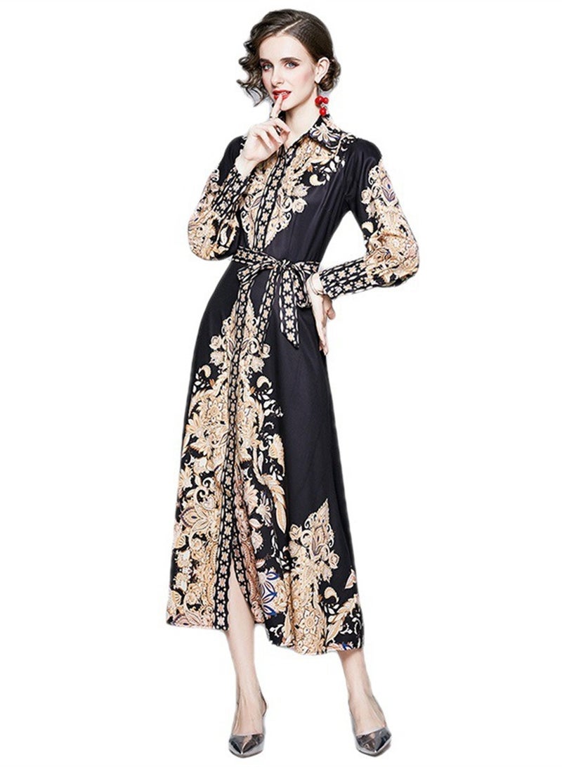New retro printed long sleeve waist long skirt shirt dress - Image 1