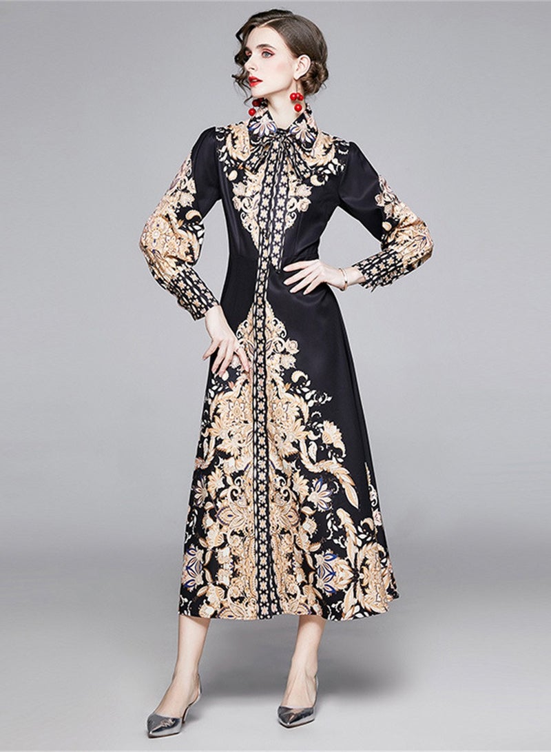 New retro printed long sleeve waist long skirt shirt dress - Image 3