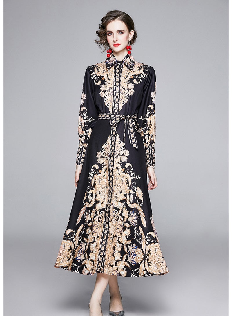 New retro printed long sleeve waist long skirt shirt dress - Image 4