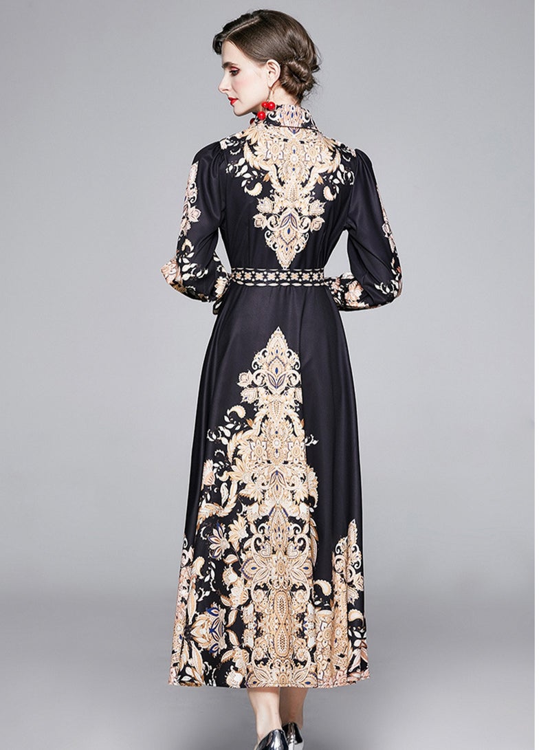 New retro printed long sleeve waist long skirt shirt dress - Image 5