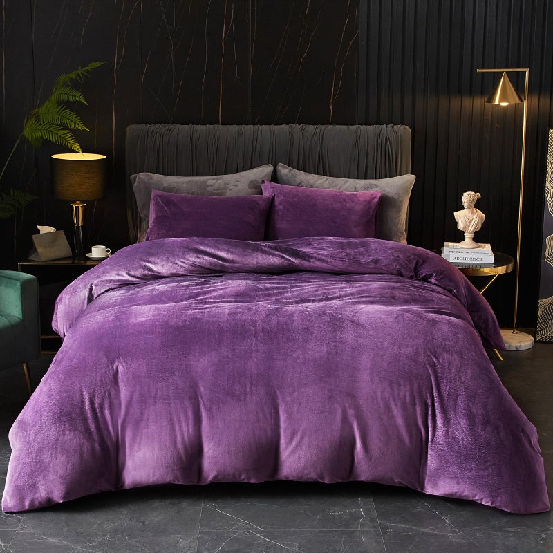 Ivellow Velvet Queen Duvet Cover Purple Comforter 3Pcs Ultra Soft Breathable Luxury Flannel Velour Zipper Closure Corner Tie