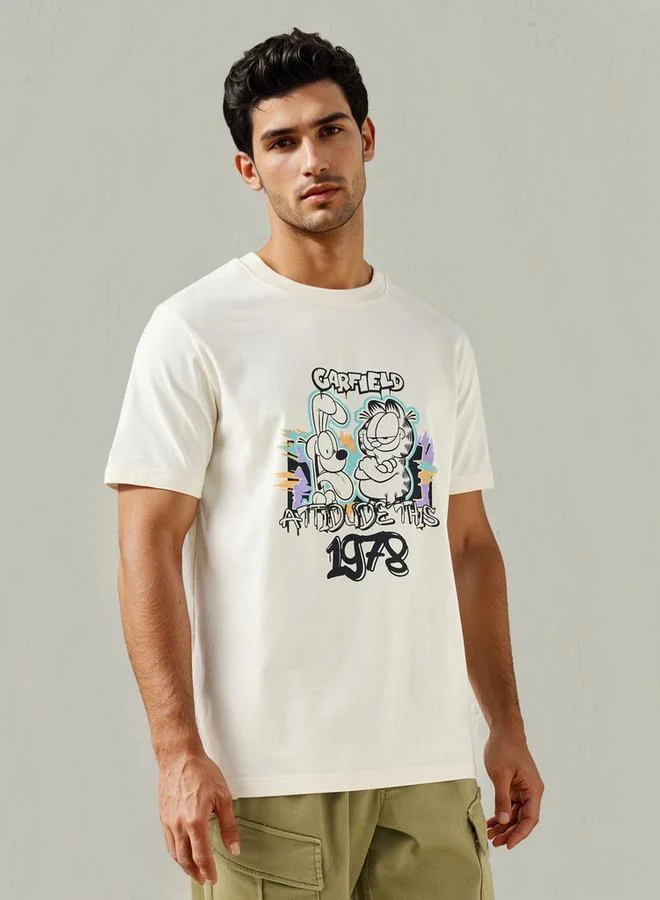 Splash FAV Garfield Print Crew Neck T-shirt with Short Sleeves