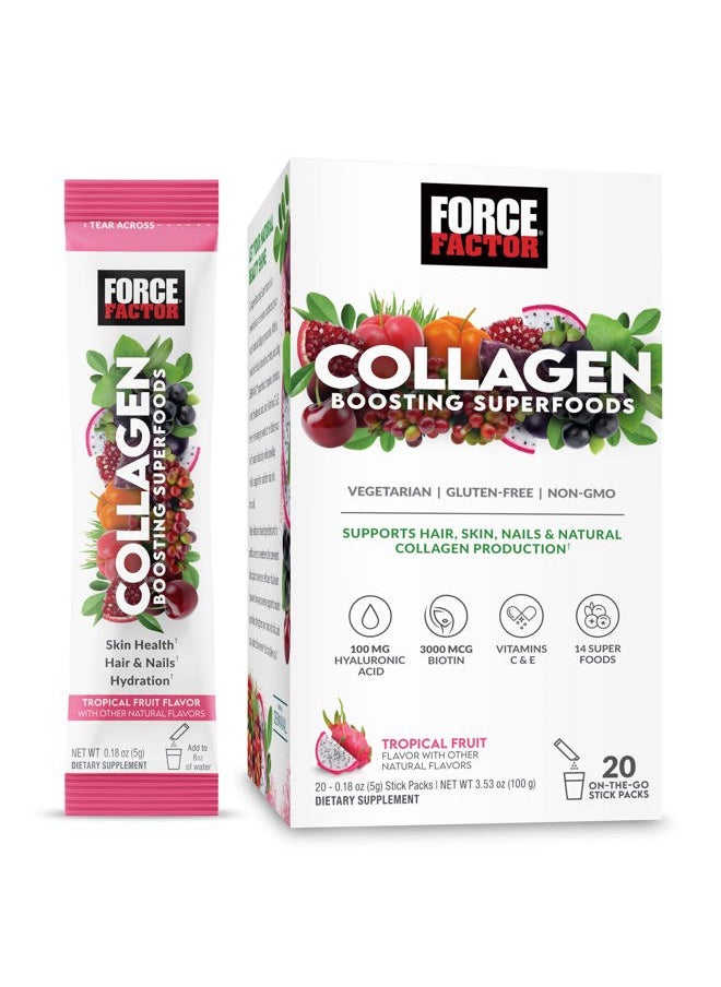 Force Factor Collagen Boosting Superfoods with Biotin, Hyaluronic Acid, Bamboo, and Hair, Skin, and Nails Vitamins, Nail Strengthener and Skin Supplement, Tropical Fruit Flavor, 20 Stick Packs  - Image 1