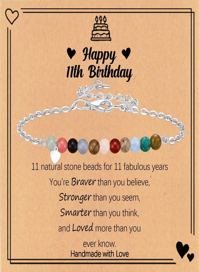 Sfoni 11th Birthday Gifts for Her, Small Natural Stone Beaded Bracelet Adjustable Heart Charm Bracelet for Daughter Granddaughter Sister Niece Friend on Birthday Graduation with Message Card Gift Box - Image 1