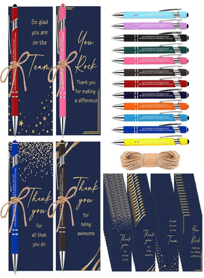 Qilery 24 Set Employee Appreciation Pens Gift Black Ink Metal Inspirational Ballpoint Pen with Stylus Tip Colorful Motivational Quote with Thank You Card Rope for Coworker Social Worker Women Teacher - Image 1