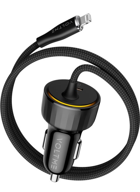 Dual USB-C Car Charger PD 57W, Fast Charging with Built-in (4ft) Lightning Cable for iPhone 14/13/12/11 Series, USB-C PD Port Charger for MacBook Air, iPhone 16 Pro/16 Pro Max, iPhone 15 Series, Galaxy S24/S23/S22/S21, iPad Pro 6/Air 5, and More