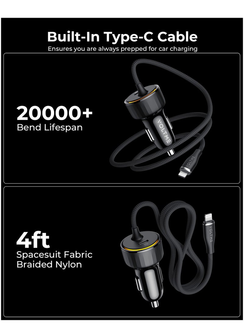 VOLTME Dual USB-C Car Charger PD 57W, Fast Charging with Built-in (4ft) Lightning Cable for iPhone 14/13/12/11 Series, USB-C PD Port Charger for MacBook Air, iPhone 16 Pro/16 Pro Max, iPhone 15 Series, Galaxy S24/S23/S22/S21, iPad Pro 6/Air 5, and More  - Image 3