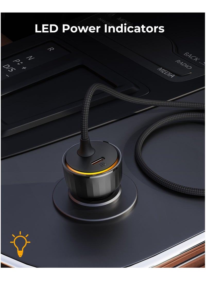 VOLTME - Dual USB-C Car Charger PD 57W, Fast Charging with Built-in (4ft) Lightning Cable for iPhone 14/13/12/11 Series, USB-C PD Port Charger for MacBook Air, iPhone 16 Pro/16 Pro Max, iPhone 15 Series, Galaxy S24/S23/S22/S21, iPad Pro 6/Air 5, and More - Image 1
