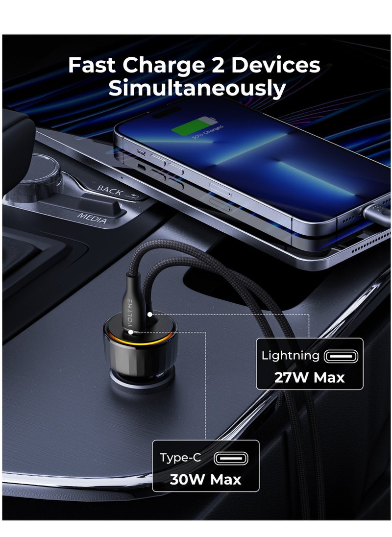 VOLTME Dual USB-C Car Charger PD 57W, Fast Charging with Built-in (4ft) Lightning Cable for iPhone 14/13/12/11 Series, USB-C PD Port Charger for MacBook Air, iPhone 16 Pro/16 Pro Max, iPhone 15 Series, Galaxy S24/S23/S22/S21, iPad Pro 6/Air 5, and More  - Image 5
