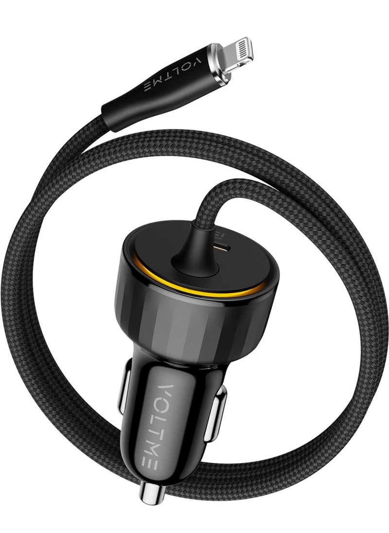 VOLTME - Dual USB-C Car Charger PD 57W, Fast Charging with Built-in (4ft) Lightning Cable for iPhone 14/13/12/11 Series, USB-C PD Port Charger for MacBook Air, iPhone 16 Pro/16 Pro Max, iPhone 15 Series, Galaxy S24/S23/S22/S21, iPad Pro 6/Air 5, and More - Image 1