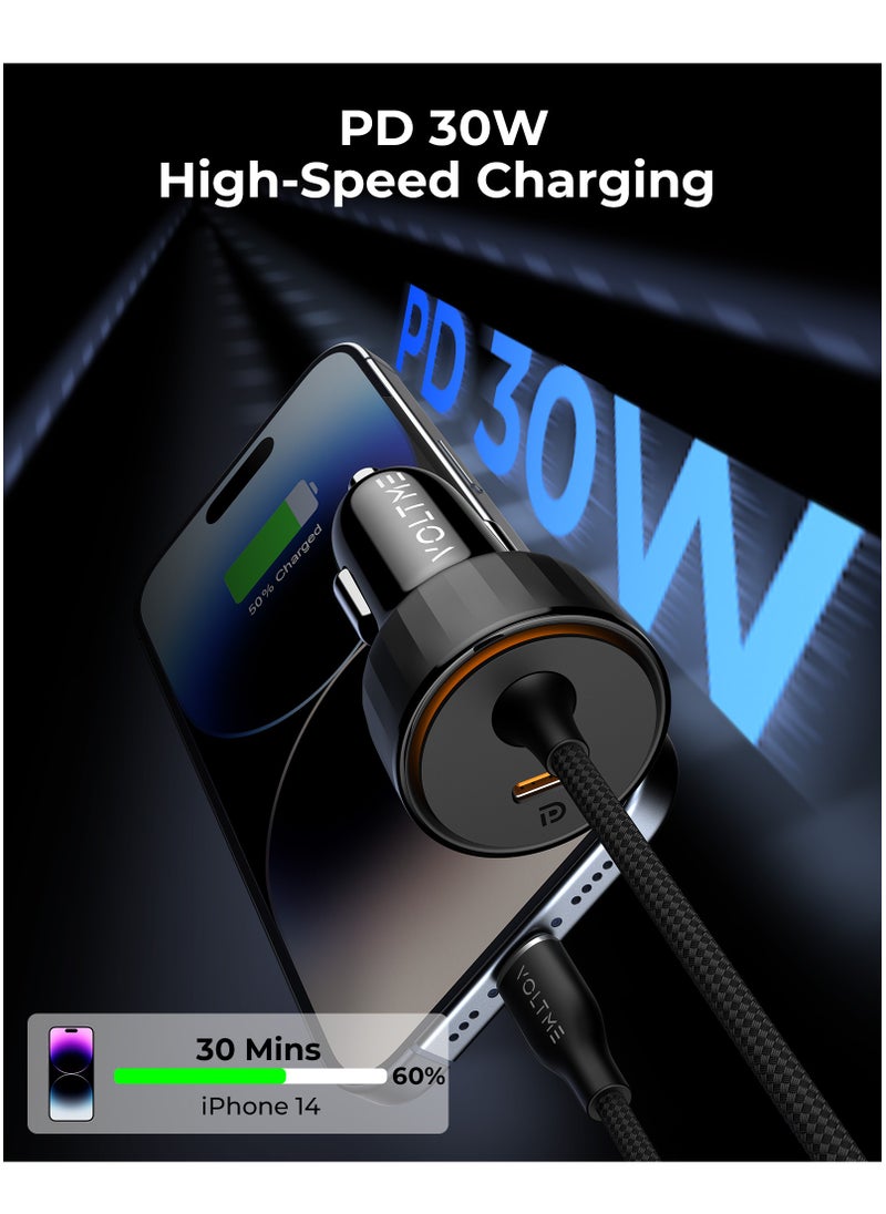 VOLTME - Dual USB-C Car Charger PD 57W, Fast Charging with Built-in (4ft) Lightning Cable for iPhone 14/13/12/11 Series, USB-C PD Port Charger for MacBook Air, iPhone 16 Pro/16 Pro Max, iPhone 15 Series, Galaxy S24/S23/S22/S21, iPad Pro 6/Air 5, and More - Image 1