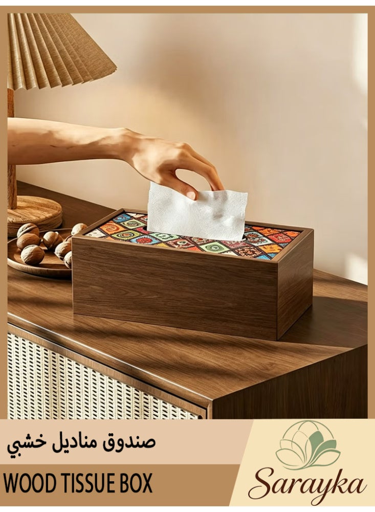 Sarayka Wood Tissue Box Cover Bohemian-style tissue box Modern Tissue Box, Decorative Paper Box, Napkin Holder, Tissue Box Dispenser Box for Facial Tissue, Napkins, Dryer Sheets, Facial Tissue Holder for Bathroom, Countertop, Kitchen, Bedroom Dresser and Office Room - Image 1